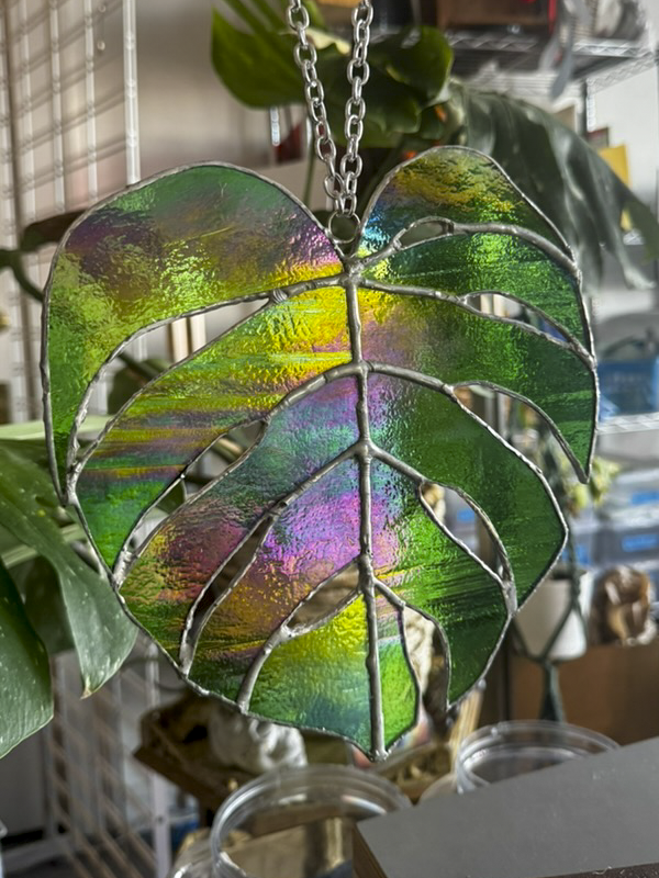 Stained Glass Monstera Leaf in Dichroic Green