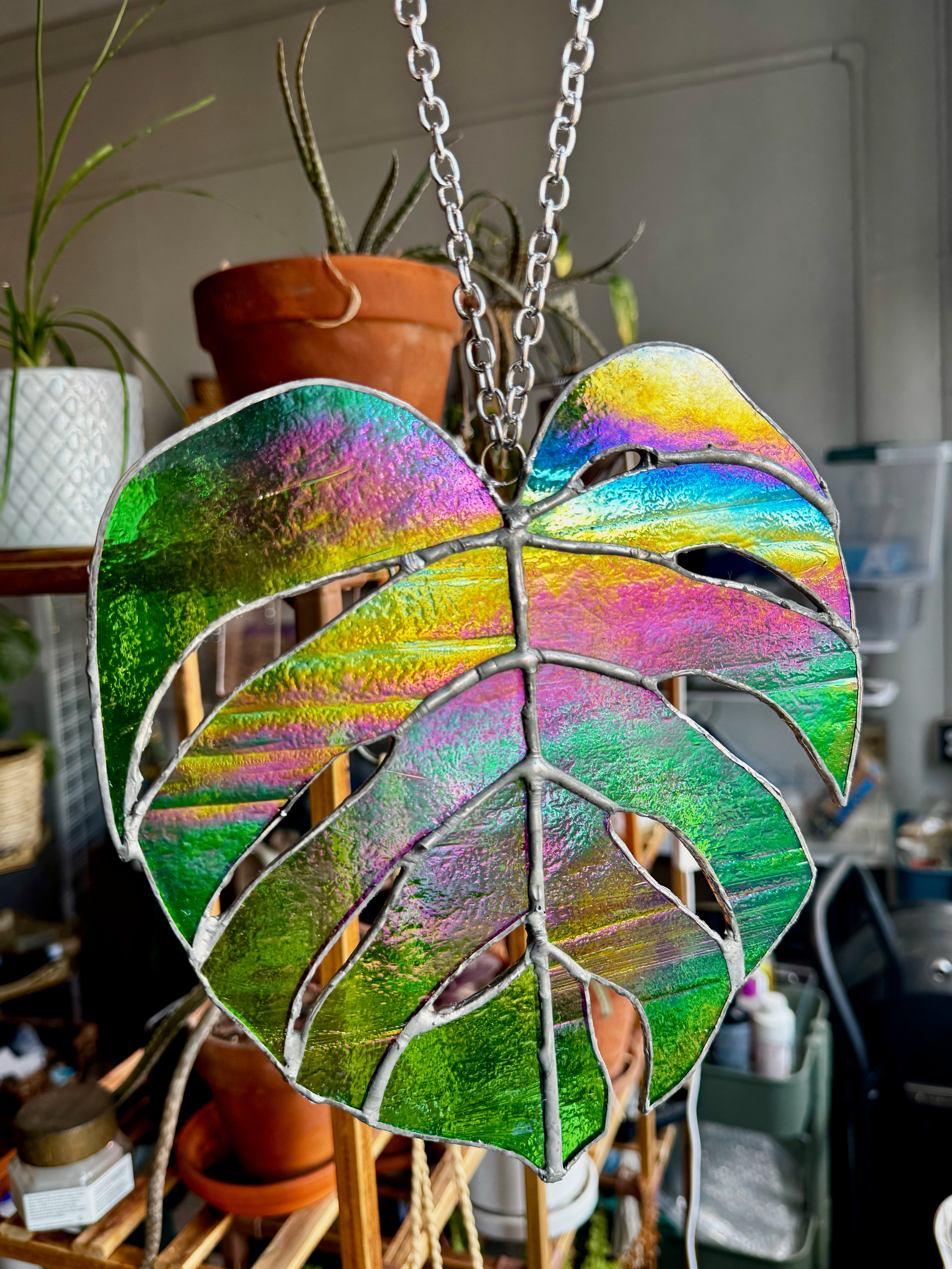 Stained Glass Monstera Leaf in Dichroic Green