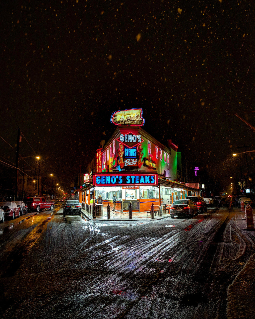 Geno's Cheesesteaks Print: Philadelphia Photo in Winter Snow