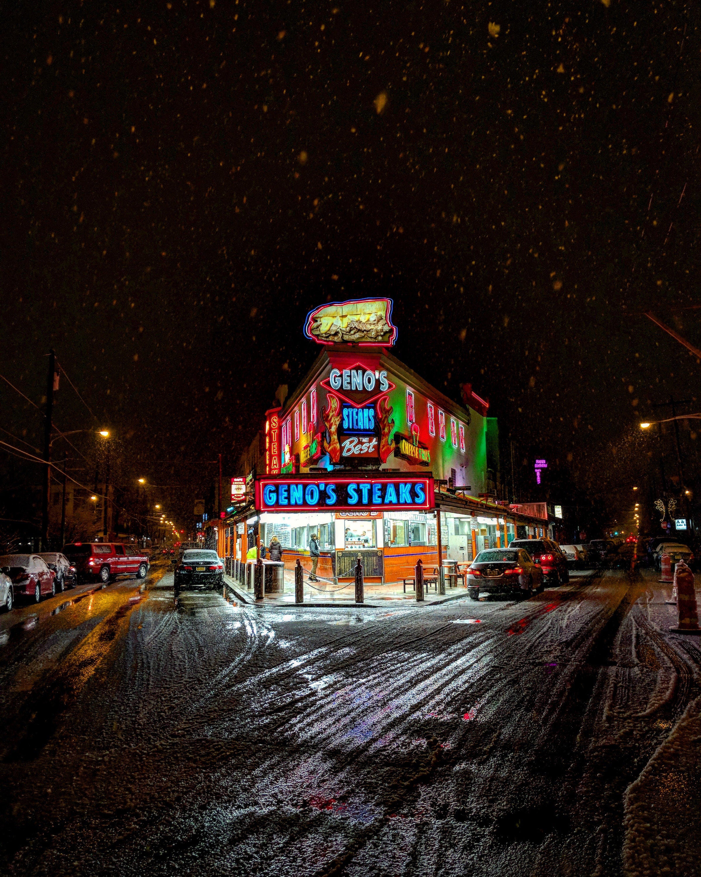 Geno's Cheesesteaks Print: Philadelphia Photo in Winter Snow