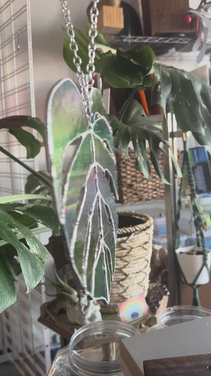 Stained Glass Monstera Leaf in Dichroic Green